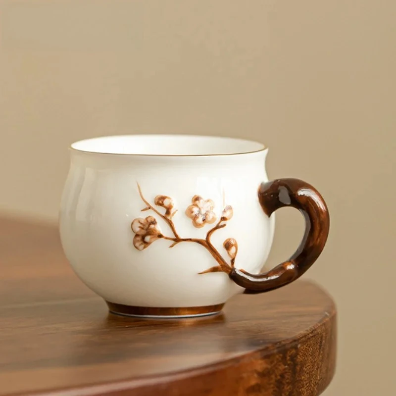 80ml Boutique Mutton-fat Jade Porcelain Teacup Handmade Relief Plum Blossom Master Cup Tasting Coffee Mug Women Kung Fu Teaset