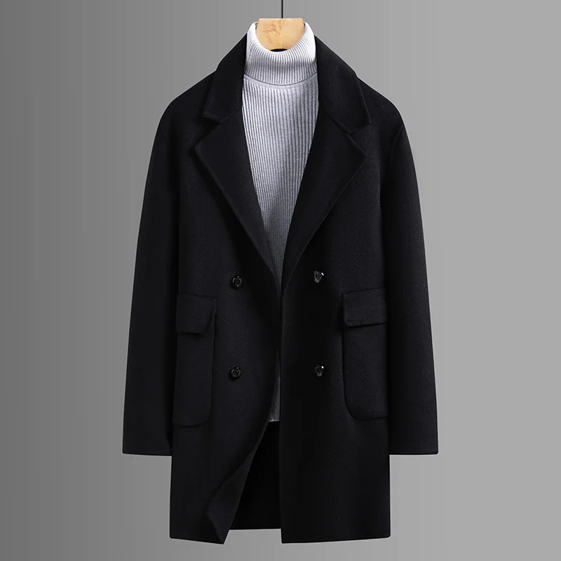 

Business Casual 2024 Autumn Winter Men's Mid-Length Woolen Coats Outwear Solid Overcoat Loose Windbreaker Long Warm Wool Jackets