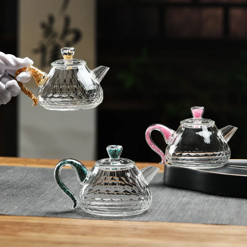 200ML Heat-resistant Glass Teapot Crystal Faceted Gold Foil Tea Set Transparent Glass Teapot Flower Pu 'er Tea Brewing Pot