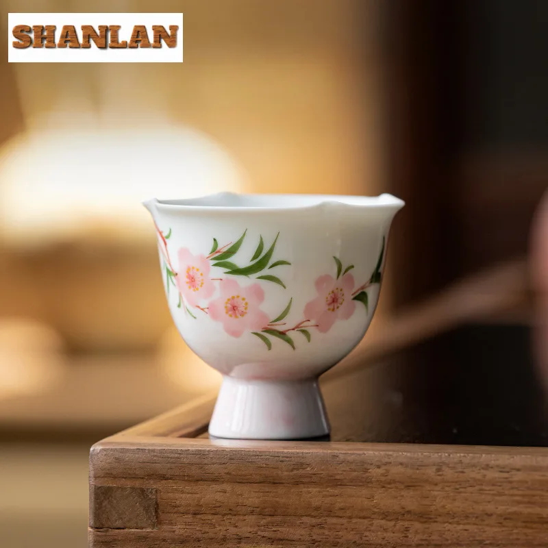 

2pc/lot Hand-painted Peach Blossom High Foot Teacup Ancient Tea Bowl Jug Tea-tasting Smelling Cup Jianzhan Master Cups Gift 70ml