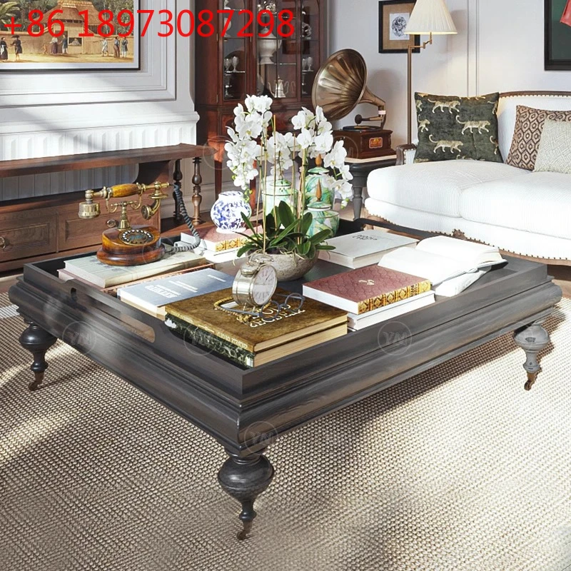 

Квадратный кофейный столик из цельного дерева в стиле ретро, американский чайный столик для гостиной, кофе на несколько человек, повседневный чай