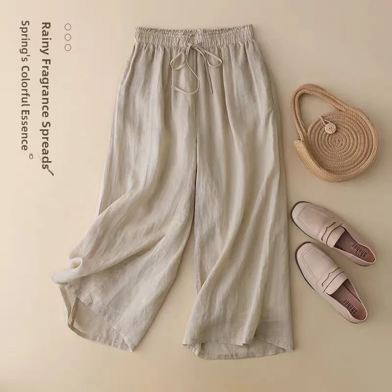 Retro Cotton Linen Wide Leg Pants Casual Loose Nine Points Women Elastic Waist Thin Style plus Size Straight Tube Trousers