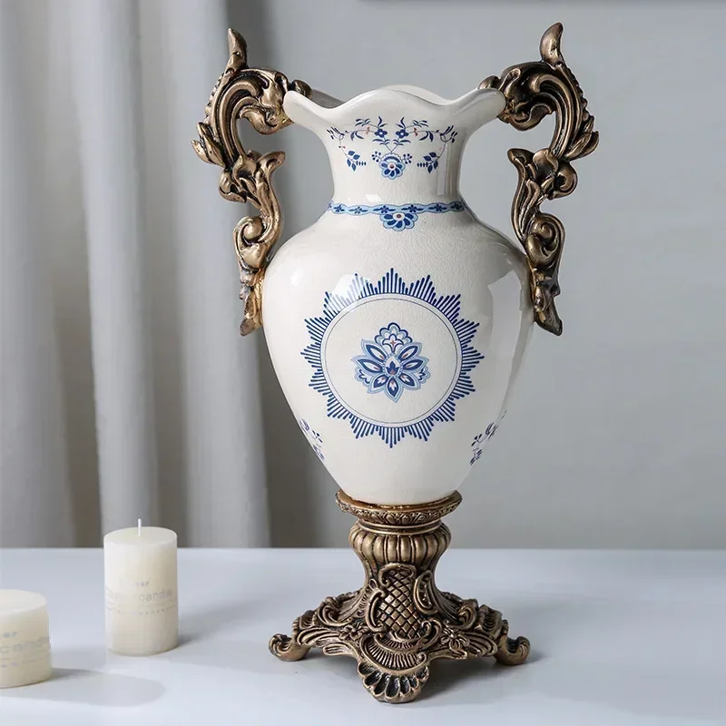 Blue and White Crack Ceramic Vase Crafts American Style Furnishings Soft Decoration Ornaments Floor-Standing Decorations Vase