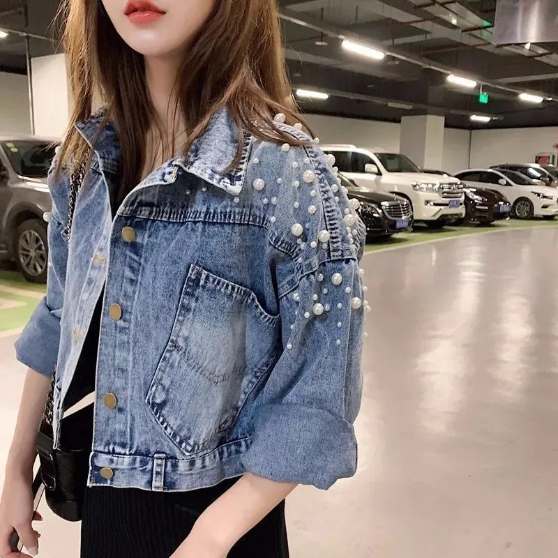 

2024 Denim Jacket Ladies Spring Autumn New Heavy Industry Nail Bead BF Korean Cowboy Coat Women Joker Ins Jeans Outwear Tide Top