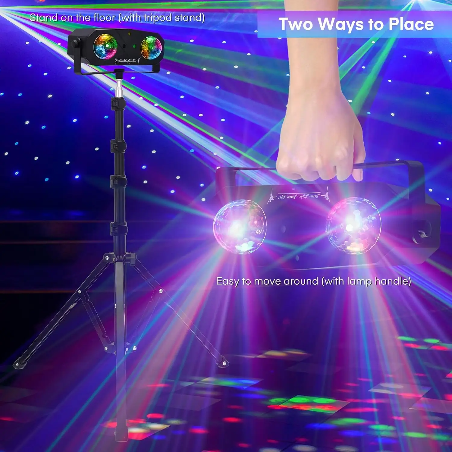 5-in-1 Disco Lights Led DJ Light with Tripod Stand, Kaleidoscope Ball/Red Green Pattern/Sound Activated/Star Light/Strobe Effect image 3