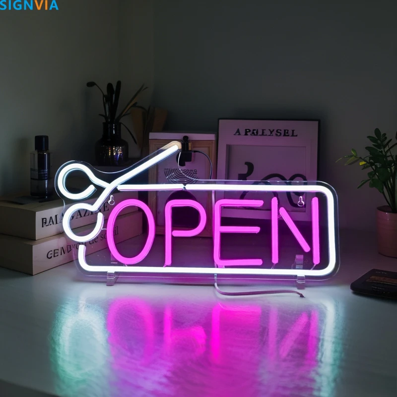 

OPEN LED Neon Sign Barber USB Powered Wall-Mounted Decor for Hair Salons And Beauty Shops Hair Cut Store Business Decoration
