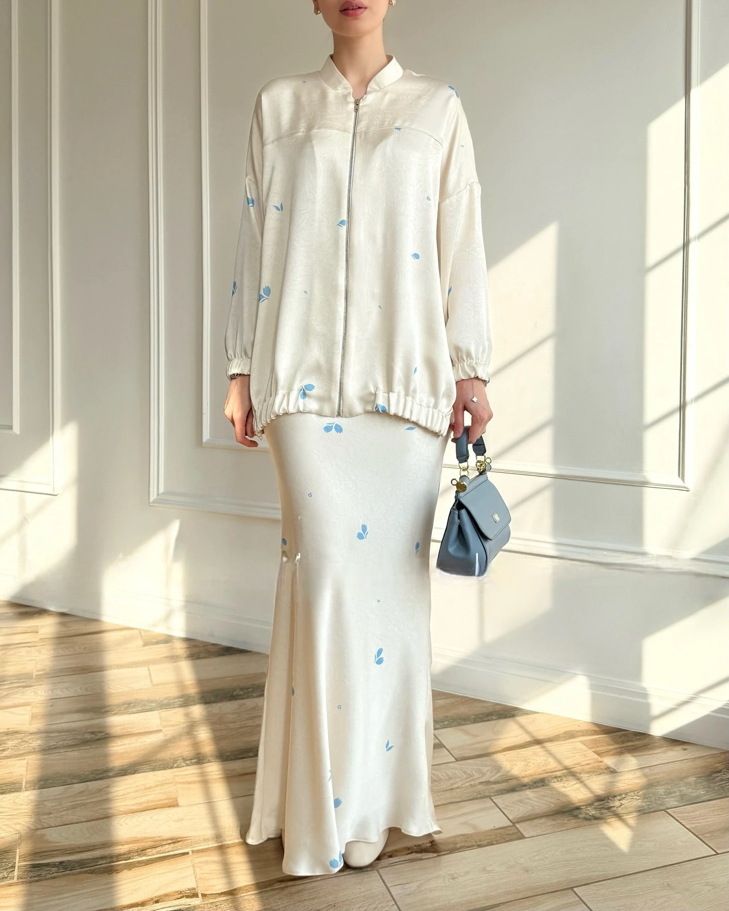 

Middle East Faion Printed Zipper Top And Skirt Set Women's Long Sve Polyester Two-Piece Suit Stand Collar Zipper Closure