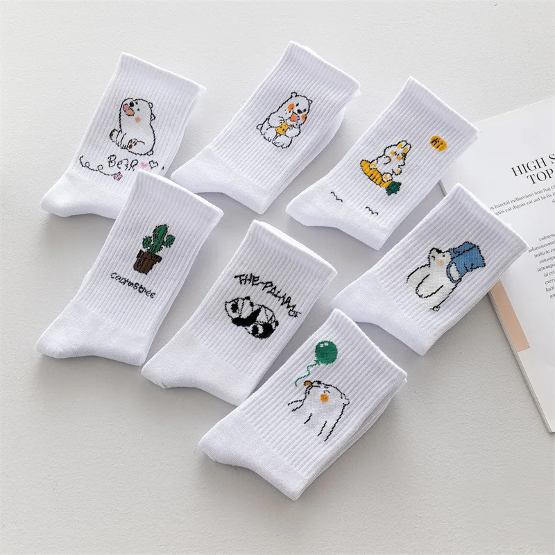 Ins New Autumn Cute Cartoon Bear Panda Rabbit White Sports Women Socks Soft Cotton Winter Socks Kawaii Hipster Street Graffiti