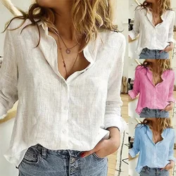 Elegant Cotton Linen Shirts Women Leisure Shirts Button Lapel Cardigan Top Lady Loose Long Sleeve Oversized Shirt Casual T-Shirt