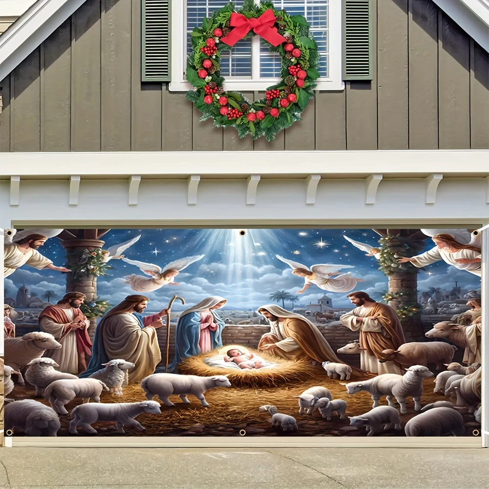 Christmas Nativity Scene With Baby Jesus Mary Joseph Angels And Shepherds Snowy Barn Wall Mural Decor