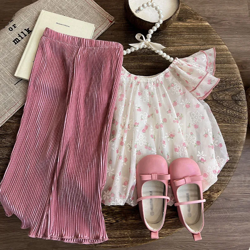 Summer Girls\' Clothing Sets Baby Sweet Flying Sleeve Floral Doll Shirt Top+Striped Mosquito Resistant Pants Elegant Kids Clothes
