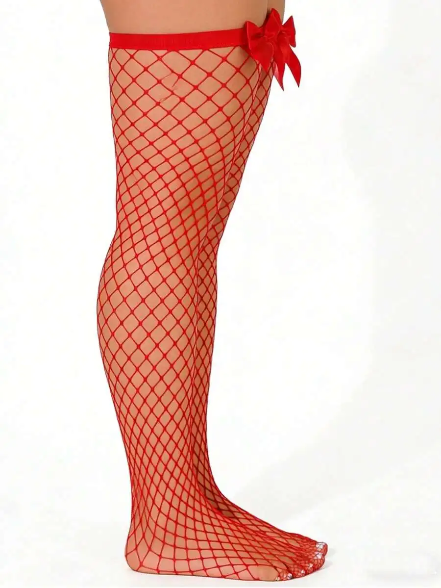 Bow Decor Fishnet Thigh High Stockings, Elastic Hollow Out Grid Over The Knee Fishnet Socks, Sweet Sexy Hold Up Mesh Hosiery For view 4