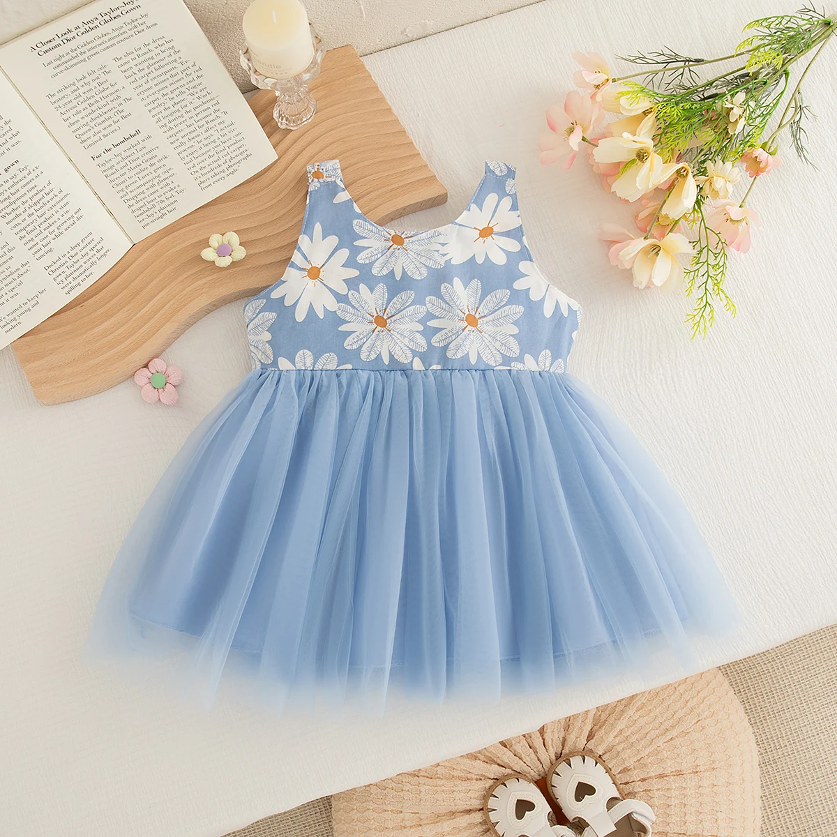 Flower Suspender Baby Girl Birthday Dress Summer New Sweet Bow Children'S Clothing (9 Months -3 Years Old)