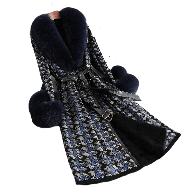 Aorice inverno longo coelho pele linging casaco jaqueta feminina gola de pele de raposa casacos senhora sobre o tamanho parka trincheira ct287