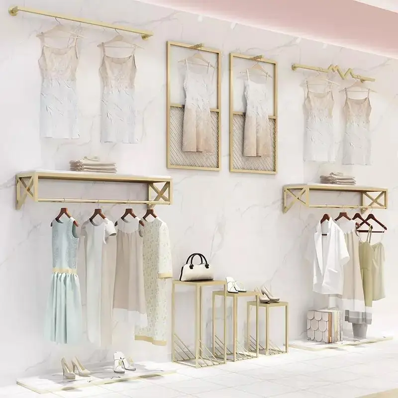 custom，Space-saving Square Gold Metal Retail Clothing Display Rack Shop Fitting Clothes Display Racks Wall Mounted Garment Rack