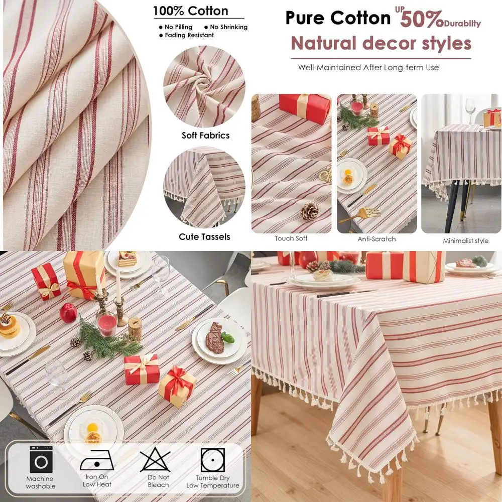 

Christmas Red Striped 100% Cotton Tassel Tablecloth, Heavy Duty for Farmhouse Party Decor, 102x55