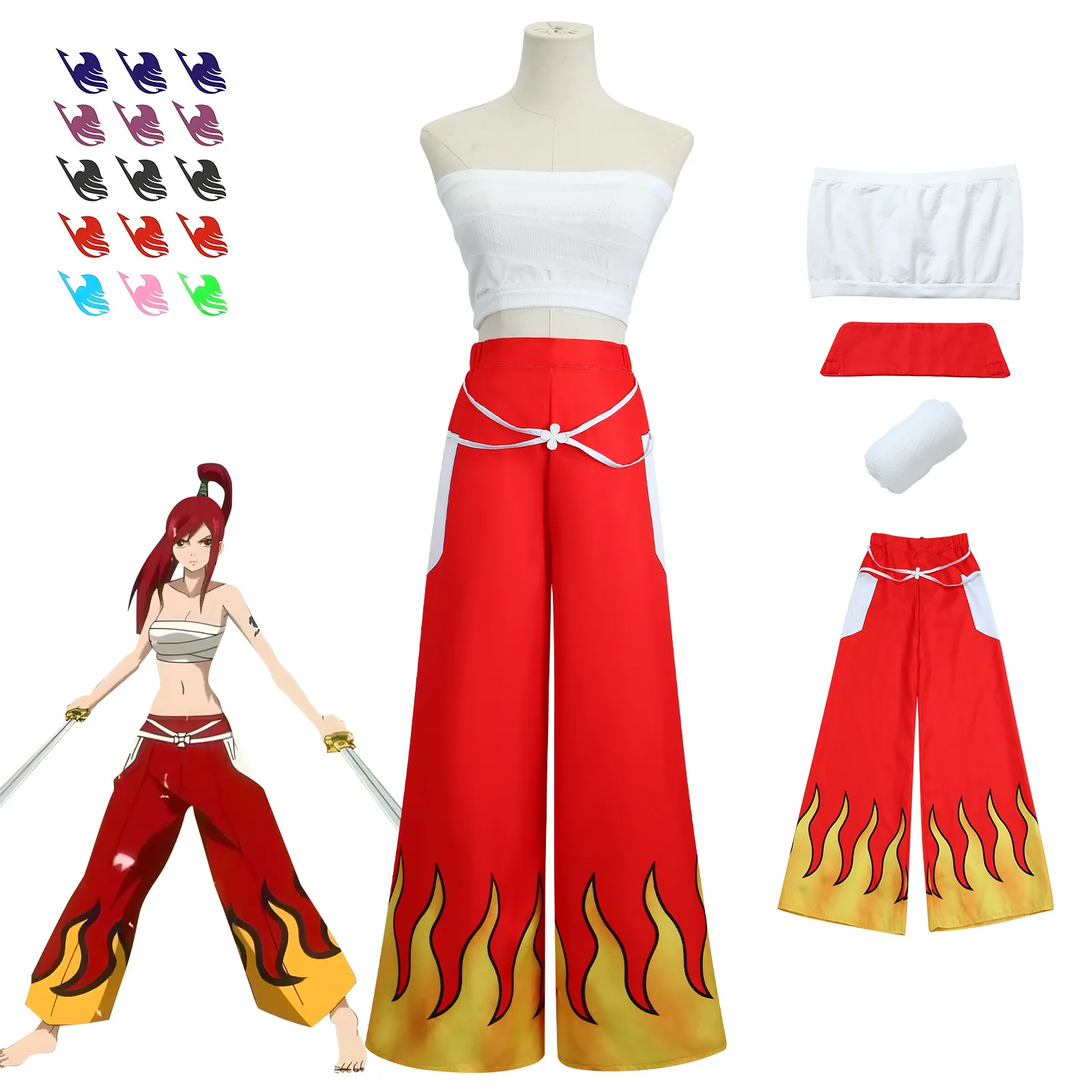 

Erza Scarlet Fairy Anime Cosplay Costume Wig Tail Woman Battle Dress Japanese Pants White Tops Red Cool Set Tail Tattoo Sticker