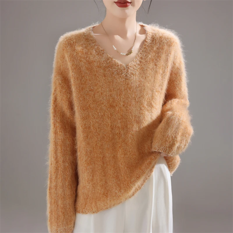 100% Wool Fluffing Technique Thicken Women Sweater V-neck Long Sleeves Fashion Loose Plus size Tops 2026 New