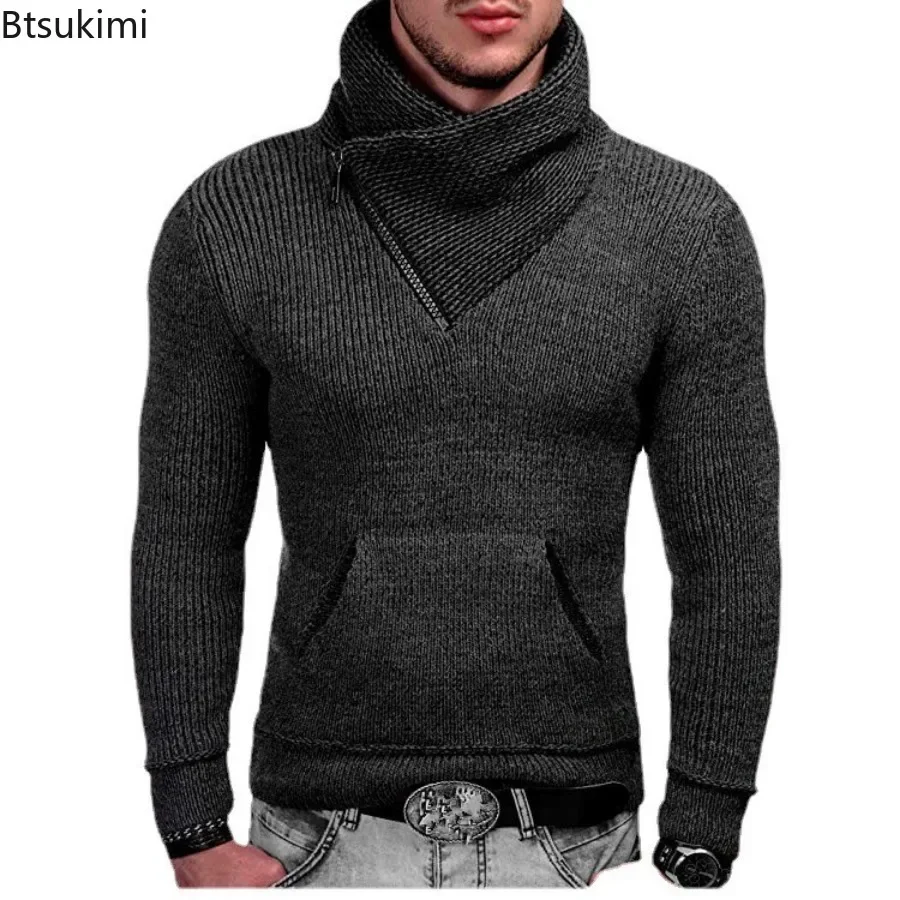 2024 Autumn Winter Men's Turtleneck Sweater Casual Solid Long Sleeve Knitted Pullover Fashion Slim Pocket Sweater Men Streetwear