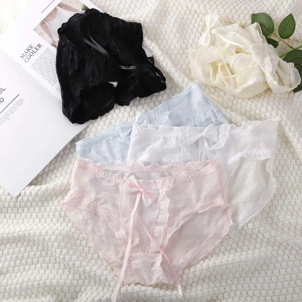 Bowknot Women Lace Panties Intimates Lingerie Triangle Pants Lace Mesh Briefs Lingerie Underpants Middle-waisted Lace Underwear