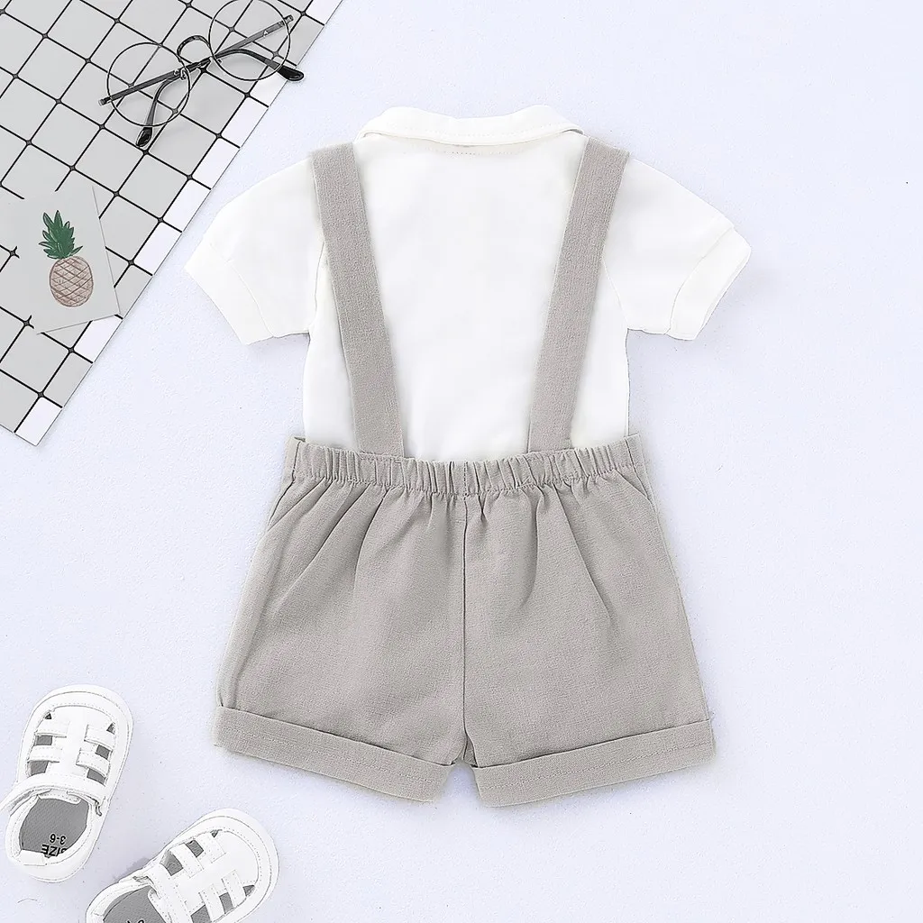 0-24 Months Baby Boy Outfits Gentlemen Suit Wedding Party Set Lapel   Romper with Bow Tie+Suspender Shorts 2PCS Summer Wear