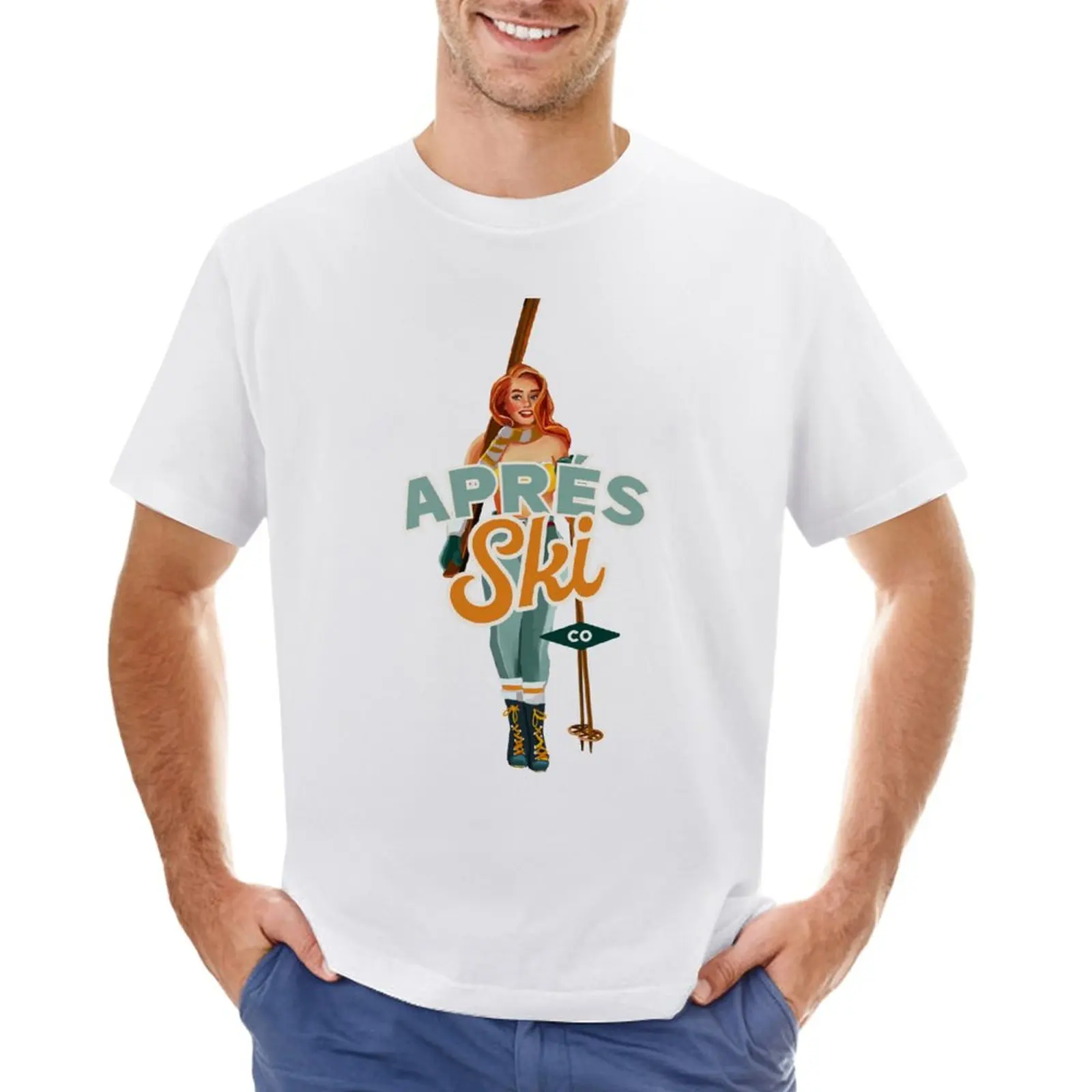 

Apres Ski Bunny: Vintage Pinup Redhead Skiing T-Shirt cute tops sublime boys animal print mens t shirt graphic