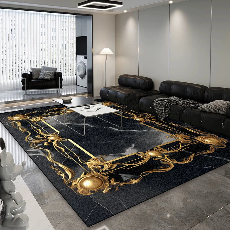 Living Room Black Gold Decoration Carpet Light Luxury Sofa Area Coffee Table Non-slip Floor Mat Bedroom Cloakroom Rugs Washable