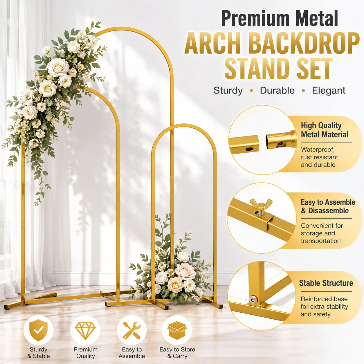 3 Pcs Combined Arch Background Stand Large Size Gold Metal Balloon Arch Set Photography Wedding Party Decorative Flower Stand
