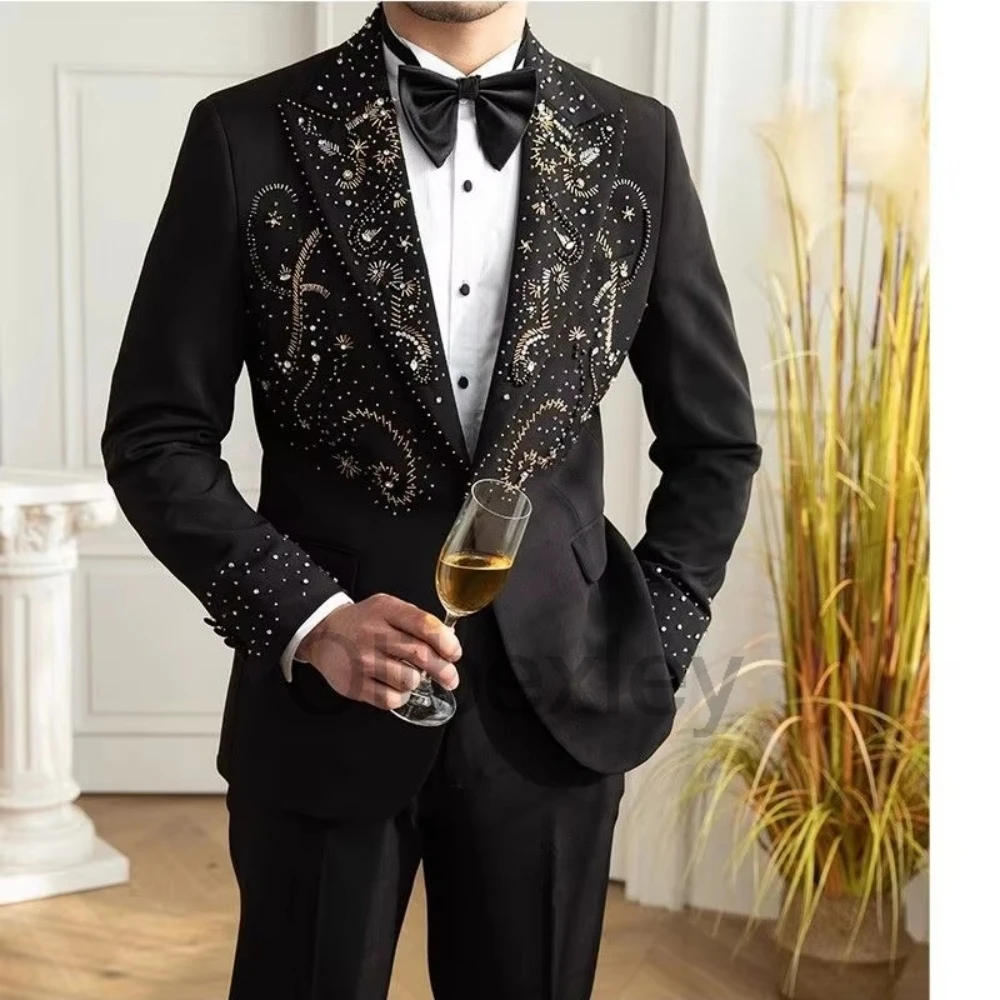 Olibexley Textured Black Two Pieces Beads Men's Suit Party Crystal One Breasted Celebrity Peak Lapel Groom Wear Customized S50