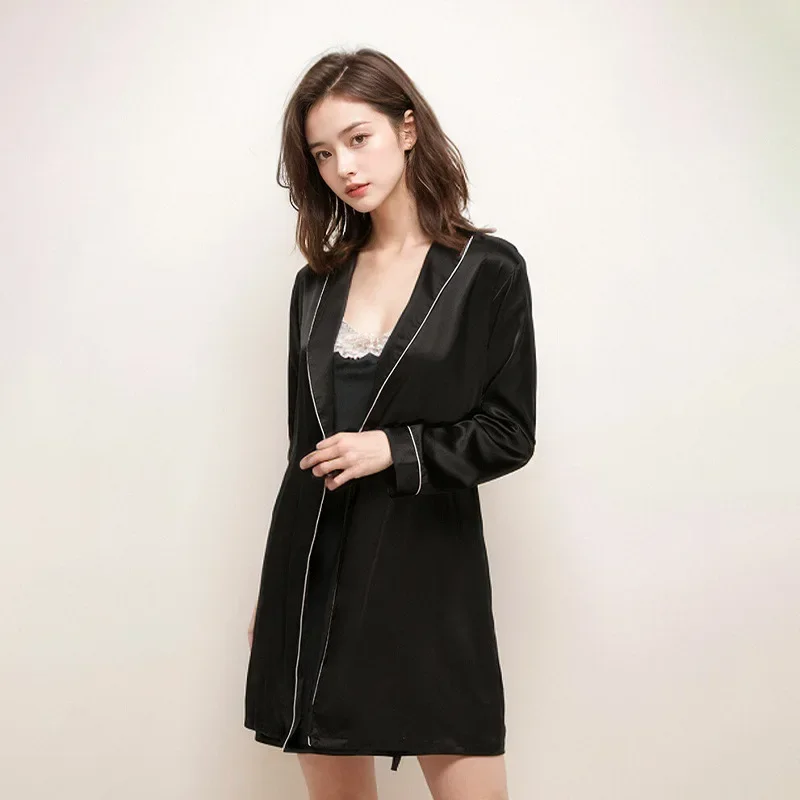 

100% Mulberry Silk Bathrobe Woman Shower 19MM Silk Robe Nightwear Bridal Robes De Mariage Mini Pyjama Lingerie Soft Underwear