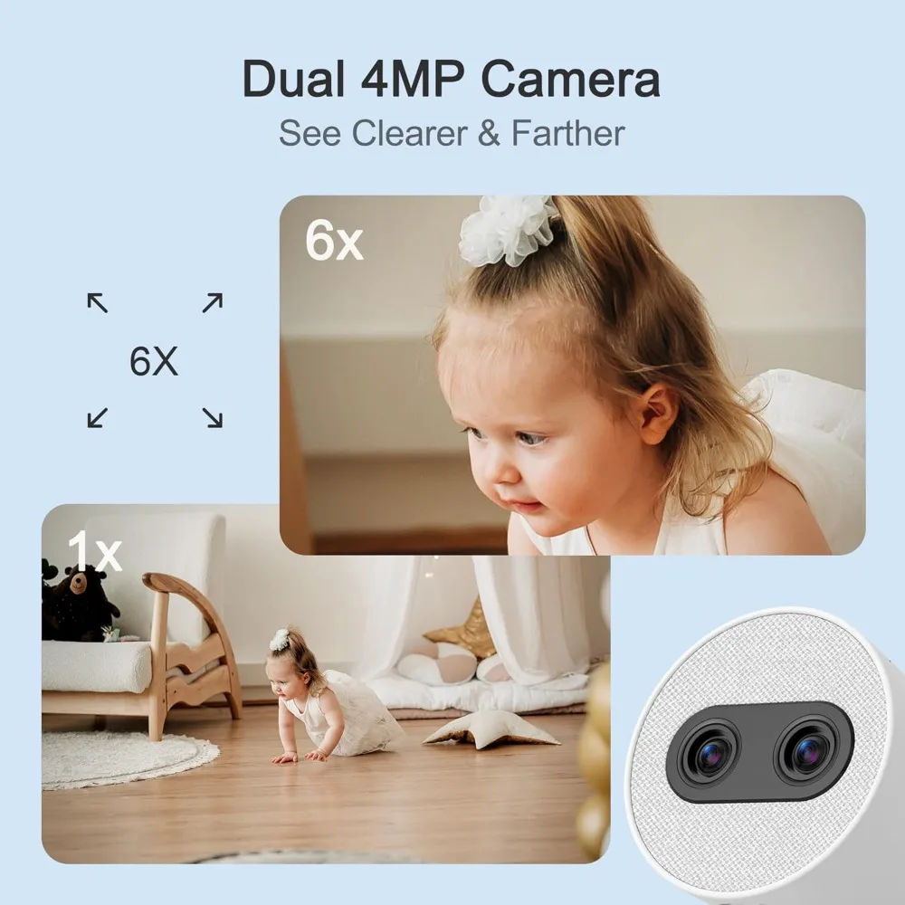 Split Screen Video Baby Monitor with 2 Cameras, 2× 4MP Resolution, 7" HD Touch Screen Smart Audio Baby Monitor, 6X Optical Qual