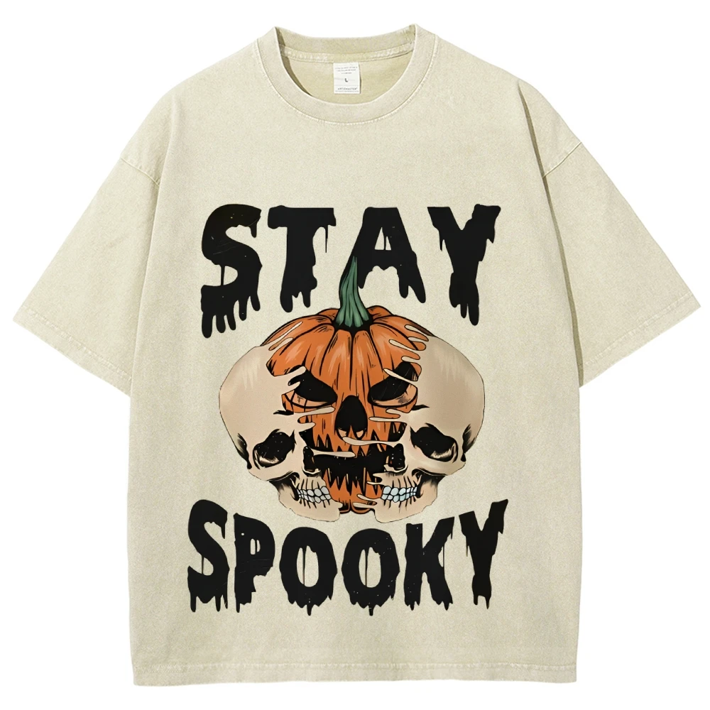 Halloween Costume T-Shirt Retro Skeleton Pumpkin Shirt Stay Spooky Shirt Funny Fall Season Tee Women’s y2k Clothes Top Tees