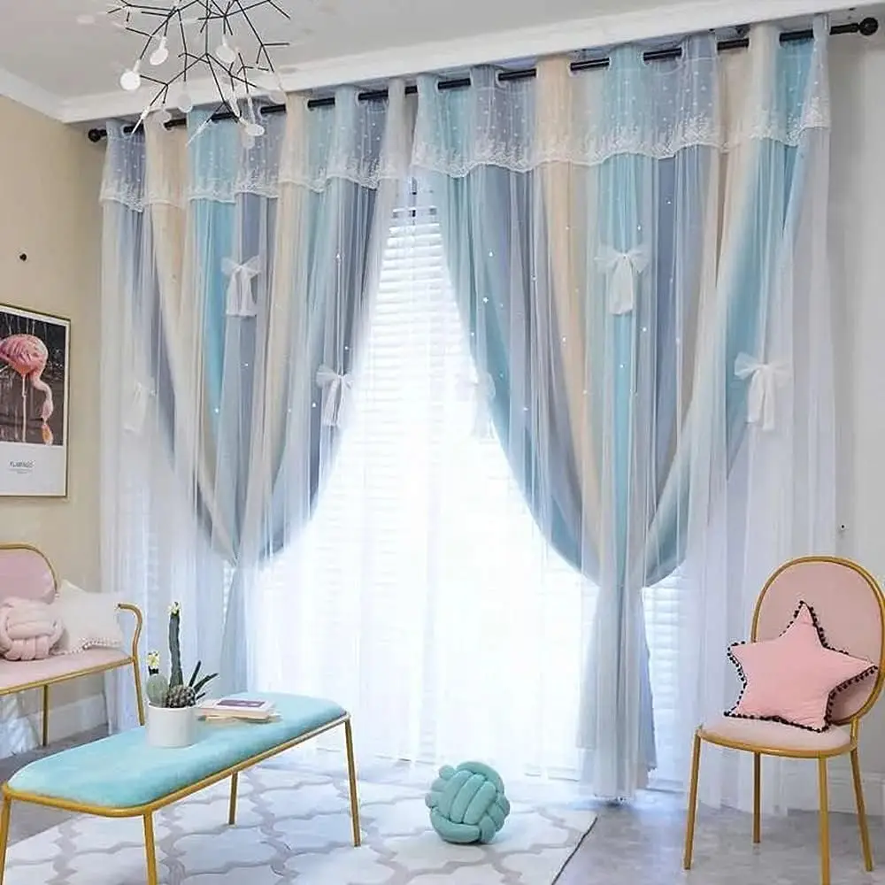 1 Panel 132cm Width Double Layer Star Curtain with Bows Hollowed Out Star Curtain for Girls Room