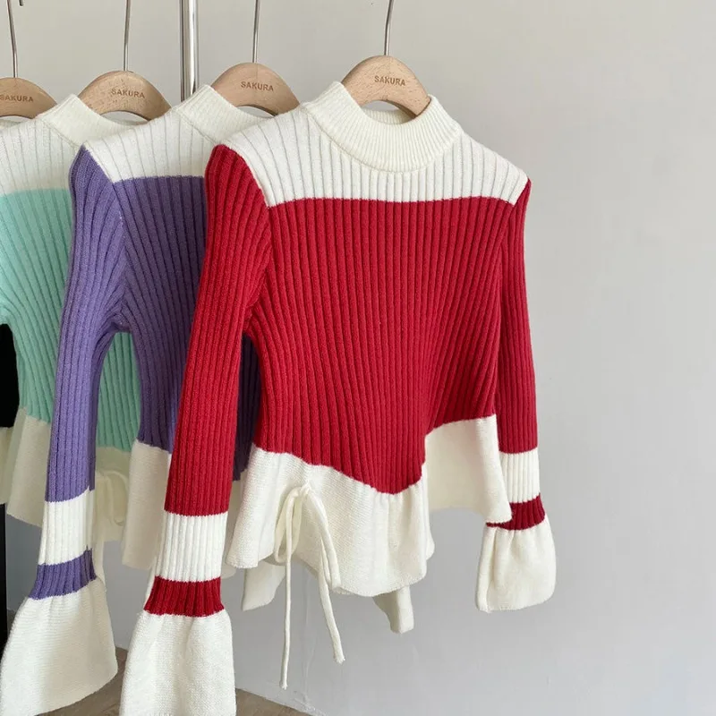 

Matakawa Woman Sweaters Contrast Color Flare Sleeve Autumn Winter Short Pullovers Korean Fashion Sweet Retro Ruffles Pull Femme