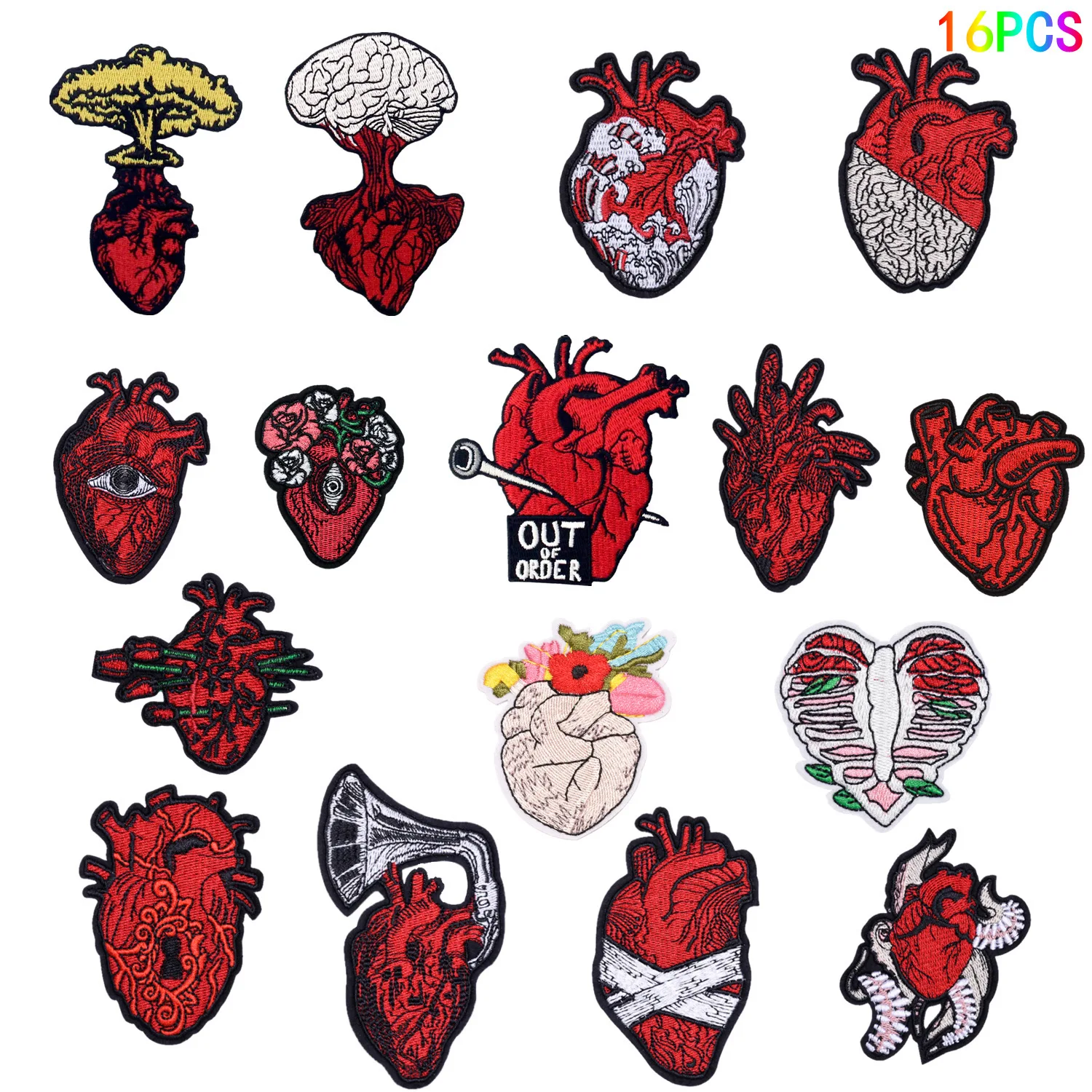 

16Pcs Cartoons Heart Punk Hip-hop Clothes Sticker ironing Embroidery Patch For Sew Hat Jeans Applique Clothing Coat Accessories