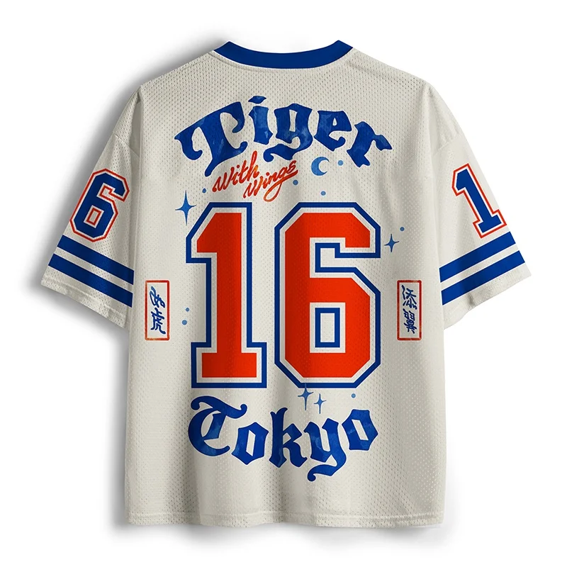 Retro Tokyo Wing Tiger Printed Chinese Character Mars Pattern Blue and White Block V-neck Adult and Children's Style