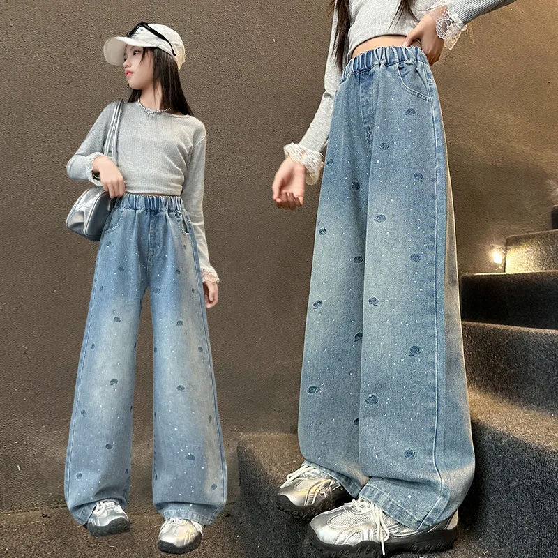 

New Children Straight Fit Rhinestone Jeans with Embroidery Flowers for Kids Girl Fashion Spring Autumn Denim Pants 5-14Y