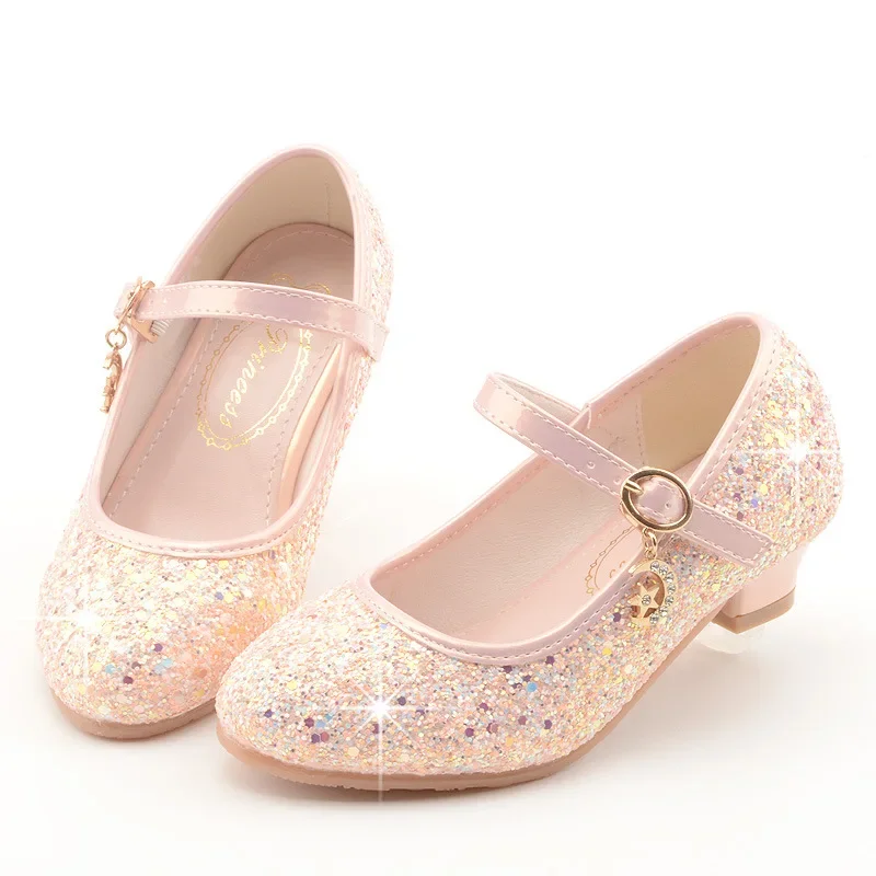 Girls Princess Sequins Leather Shoes Fashion Elegant Children High Heels Glitter Party Wedding Versatile Kids Dress Single Shoes