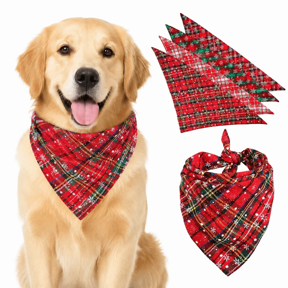 Washable Cotton Dog Bandanas Buffalo Plaid Reversible Design Pet Scarf Large Size Snowflakes Print Pet Costume Accessories