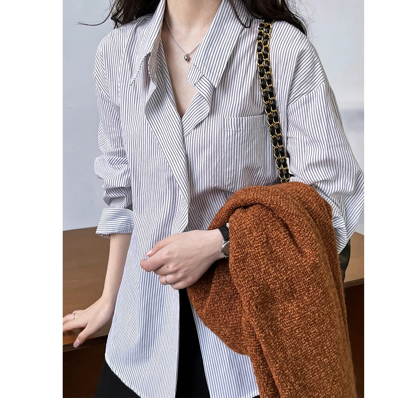 2024 Women Spring Blouses Long Sleeve Cotton Womens Striped Blue Tops And Blouses Fashion Shirt Blusas Roupa Feminina