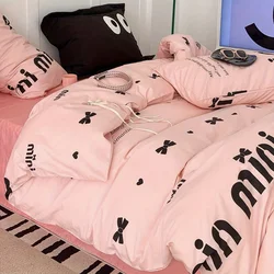 Ins Black Bowknot Bedding Set Pink Bed Flat Sheet Duvet Cover Twin Full Queen Princess Style Bed Linen Girls Floral Quilt Cover