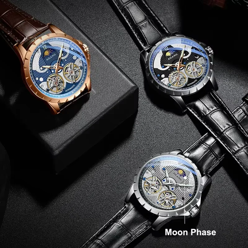 AILANG 2026 New Automatic Mechanical Watch Stainless Steel Wristwatch Reloj Hombre Double Tourbillon Watches Moon Phase China CE