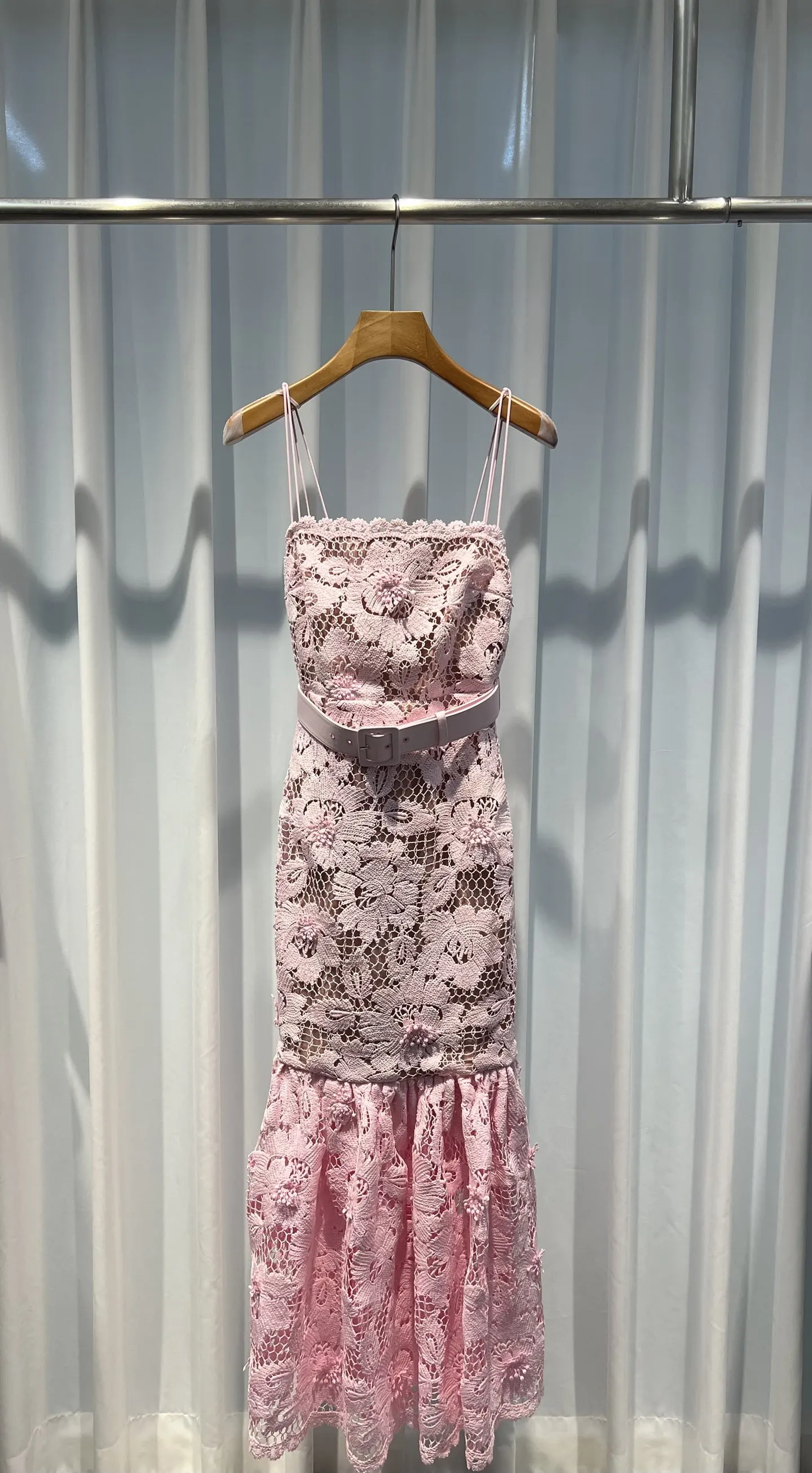 Pink Lace Embroidery Sling Robe for Women Square Collar Sleeveless High Waist Elegant Ladies Long Dress with Belt