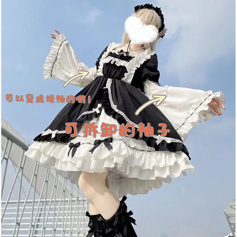 L-4XL اليابانية لوليتا فضفاضة كبيرة الحجم للإزالة فستان بكم طويل المرأة الصيف الظلام الحلو القوس الكشكشة مزاجه فساتين #2