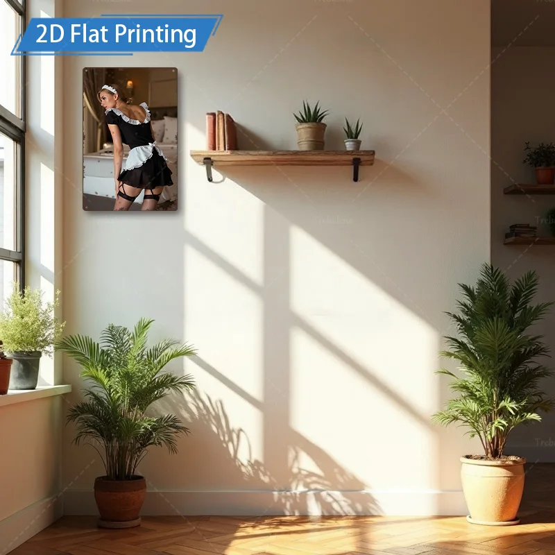 Targa in metallo da 1 pezzo, 4x16 pollici "Arte da parete con stampa piatta 2D in stile cameriera vintage per la decorazione domestica"