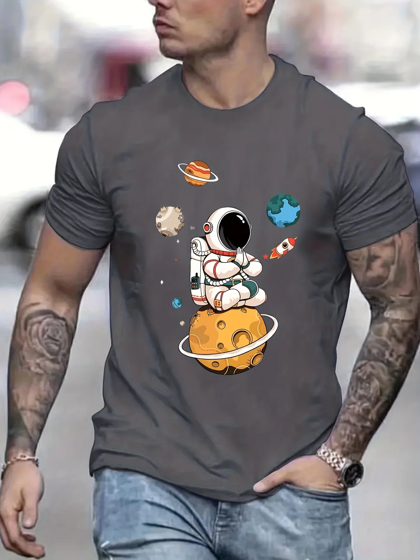 Men\'s 100% cotton summer loose size Cartoon Astronaut Planet printed slim fit casual sports round neck short sleeved T-shirt top