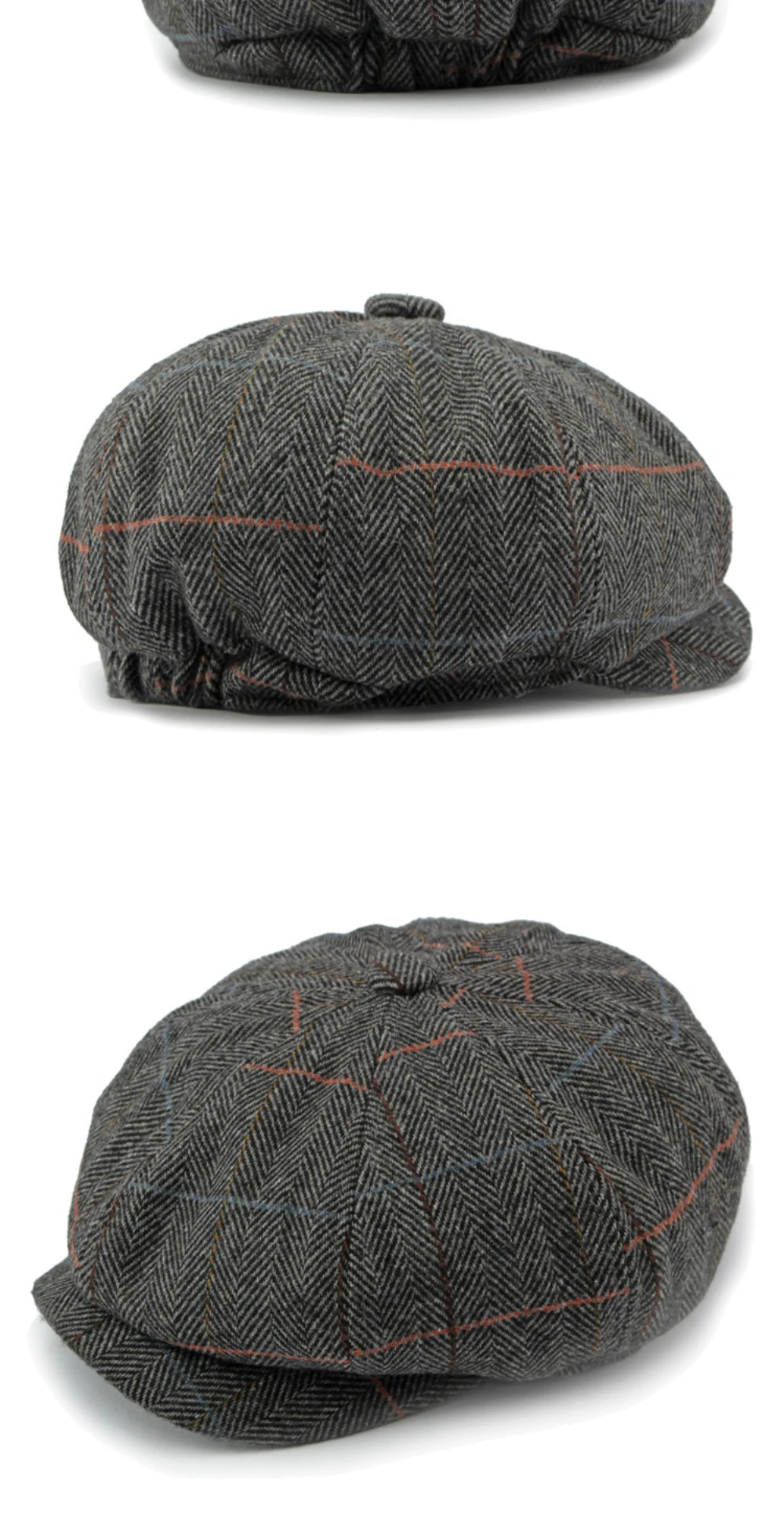 HT4255 Baskenmützen für Männer und Frauen, Retro-Künstler-Malermütze, karierte achteckige Ivy-Flachmütze für Herren und Damen, Herbst-Winter-Wollmütze – Detail 12