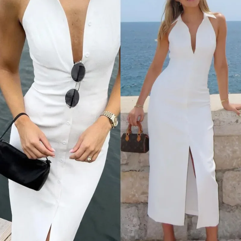 

Fashion Minimalist Slit Maxi Dress Summer New Sleeveless Shirt Dress With Notch Collar Chic Women Elegant Single-breasted Dress