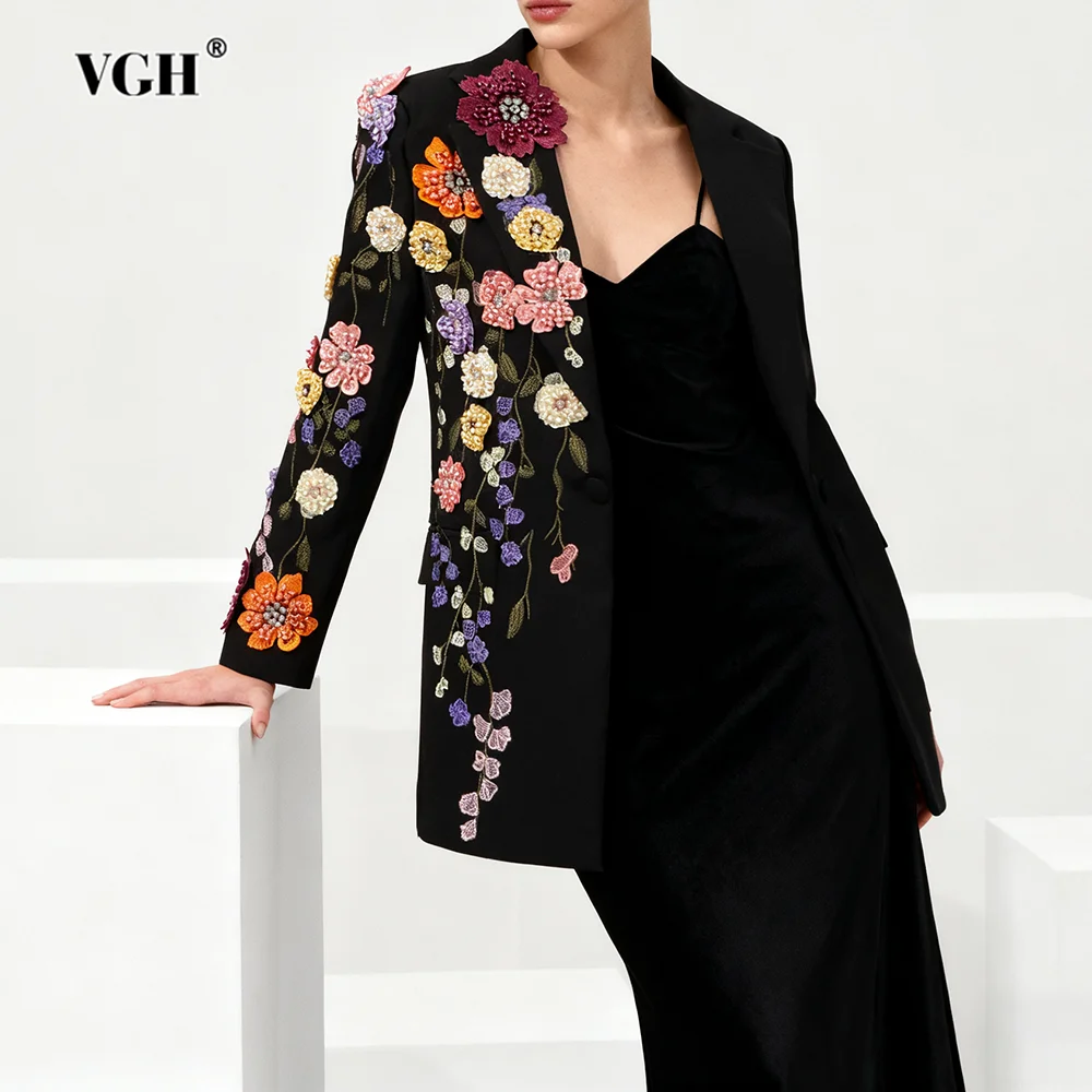 

VGH Designer Spliced Appliques Slimming Blazers For Women V Neck Long Sleeve Autumn Temperament Party Jackets Female Fashion New