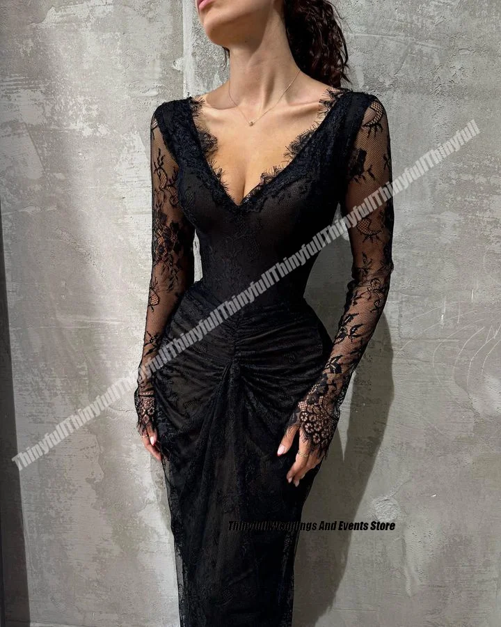 Thinyfull Mermaid Lace Evening Party Dress V-Neck Full Sleeves Black Prom Dresses Long Formal Occasion Gowns Customized image 2